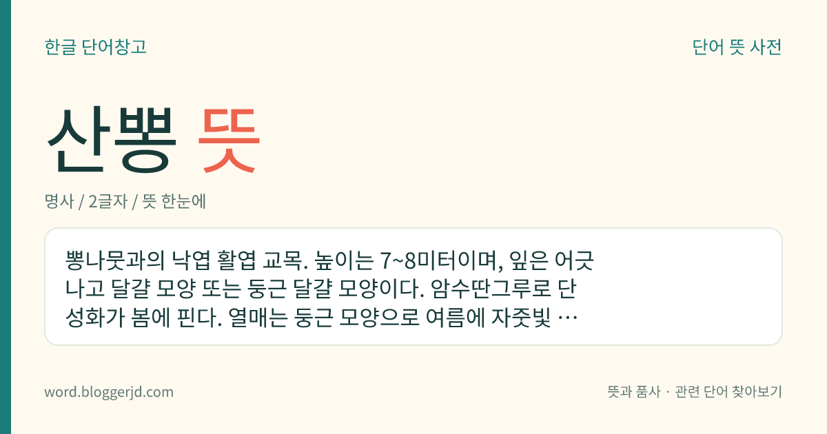 산뽕 뜻: 뽕나뭇과의 낙엽 활엽 교목. 높이는 7~8미터이며, 잎은 어긋나고 달걀 모양 또는 둥근 달걀 모양이다. 암수딴그루로 단성화가 봄에 핀다. 열매는 둥근 모양으로 여름에 자줏빛 검은색으로 익는다. 잎은 양잠 사료, 열매는 식용 또는 약용하고 나무껍질은 제지용으로 쓴다.