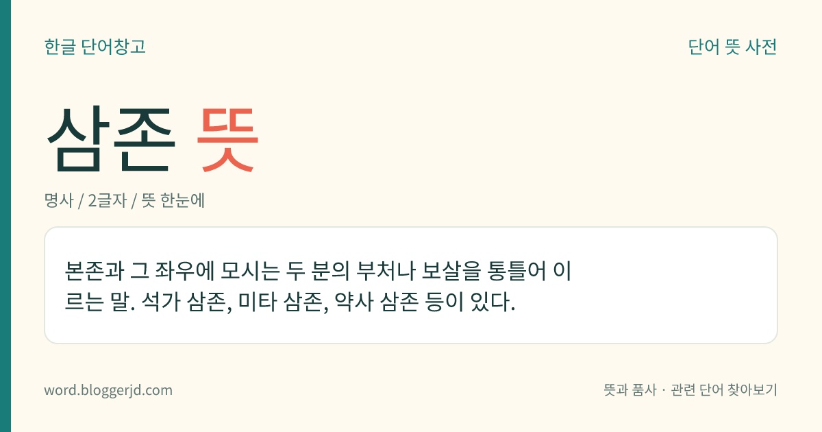삼존 뜻: 본존과 그 좌우에 모시는 두 분의 부처나 보살을 통틀어 이르는 말. 석가 삼존, 미타 삼존, 약사 삼존 등이 있다.