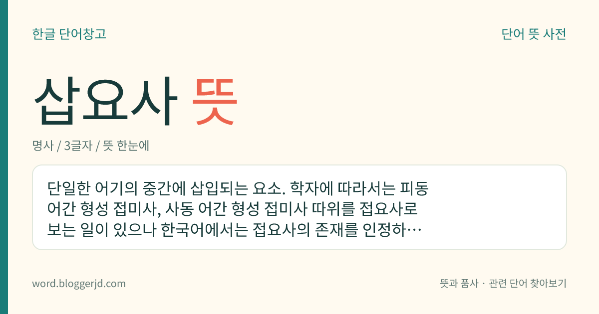 삽요사 뜻: 단일한 어기의 중간에 삽입되는 요소. 학자에 따라서는 피동 어간 형성 접미사, 사동 어간 형성 접미사 따위를 접요사로 보는 일이 있으나 한국어에서는 접요사의 존재를 인정하지 않고 있다.