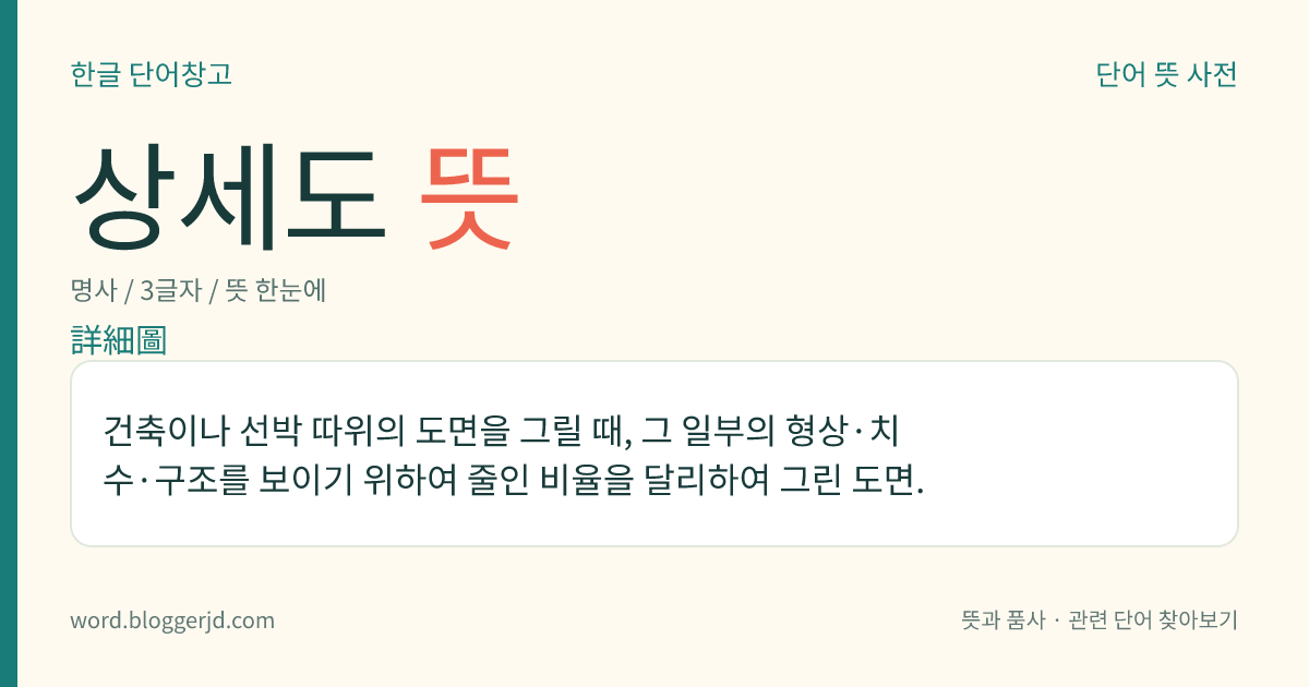 상세도 뜻: 건축이나 선박 따위의 도면을 그릴 때, 그 일부의 형상·치수·구조를 보이기 위하여 줄인 비율을 달리하여 그린 도면.