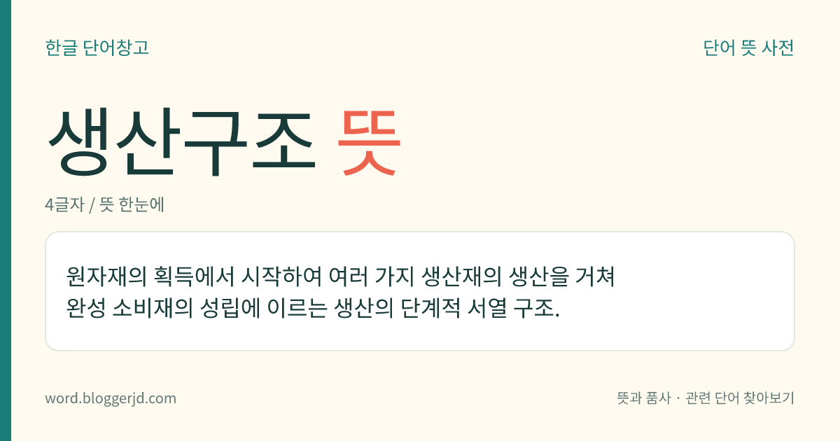 생산구조 뜻: 원자재의 획득에서 시작하여 여러 가지 생산재의 생산을 거쳐 완성 소비재의 성립에 이르는 생산의 단계적 서열 구조.
