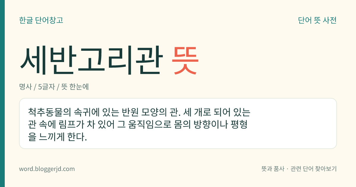 세반고리관 뜻: 척추동물의 속귀에 있는 반원 모양의 관. 세 개로 되어 있는 관 속에 림프가 차 있어 그 움직임으로 몸의 방향이나 평형을 느끼게 한다.