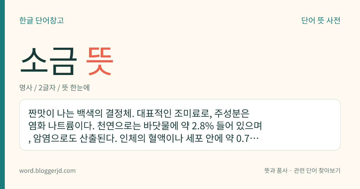 소금 뜻: 짠맛이 나는 백색의 결정체. 대표적인 조미료로, 주성분은 염화 나트륨이다. 천연으로는 바닷물에 약 2.8% 들어 있으며, 암염으로도 산출된다. 인체의 혈액이나 세포 안에 약 0.71% 들어 있고, 어른의 하루 소요량은 10~20그램이다. 양념, 식품의 저장, 화학 공업의 원료 따위로 쓴다.