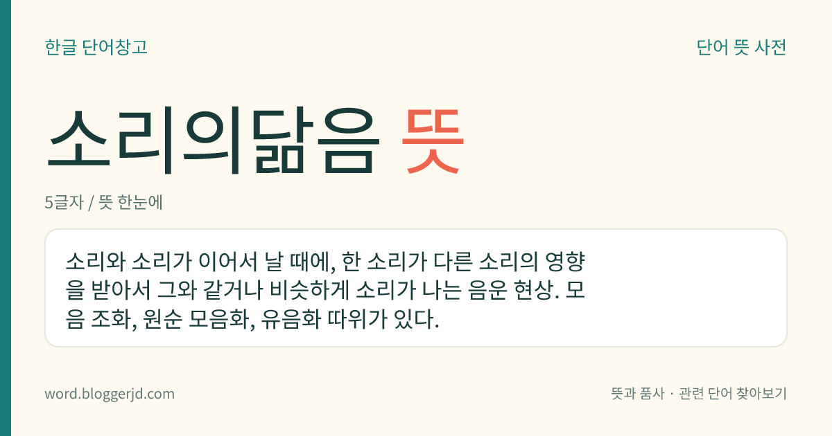 소리의닮음 뜻: 소리와 소리가 이어서 날 때에, 한 소리가 다른 소리의 영향을 받아서 그와 같거나 비슷하게 소리가 나는 음운 현상. 모음 조화, 원순 모음화, 유음화 따위가 있다.