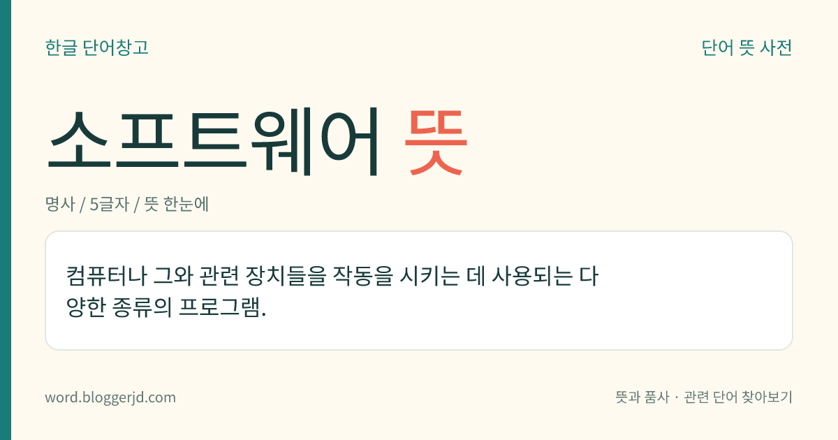 소프트웨어 뜻: 컴퓨터 프로그램 및 그와 관련된 문서들을 통틀어 이르는 말. 컴퓨터를 관리하는 시스템 프로그램과, 문제 해결에 이용되는 다양한 형태의 응용 프로그램으로 나눈다.
