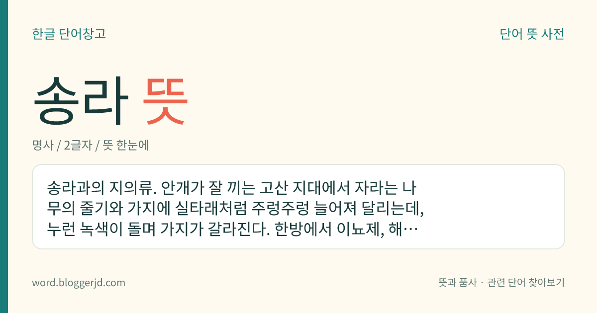 송라 뜻: 송라과의 지의류. 안개가 잘 끼는 고산 지대에서 자라는 나무의 줄기와 가지에 실타래처럼 주렁주렁 늘어져 달리는데, 누런 녹색이 돌며 가지가 갈라진다. 한방에서 이뇨제, 해열제, 거담제로 쓴다. 온대 지방의 높은 산에서 한대에 걸쳐 자라는데 한국, 일본 등지에 분포한다.