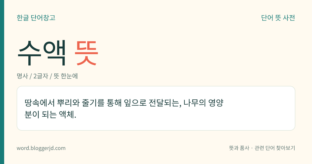 수액 뜻: 땅속에서 뿌리와 줄기를 통해 잎으로 전달되는, 나무의 영양분이 되는 액체.