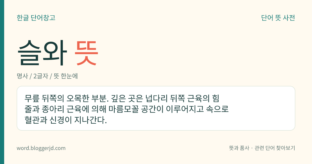 슬와 뜻: 무릎 뒤쪽의 오목한 부분. 깊은 곳은 넙다리 뒤쪽 근육의 힘줄과 종아리 근육에 의해 마름모꼴 공간이 이루어지고 속으로 혈관과 신경이 지나간다.