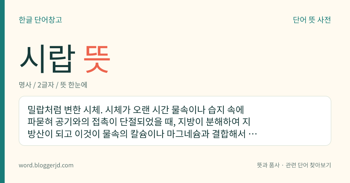 시랍 뜻: 밀랍처럼 변한 시체. 시체가 오랜 시간 물속이나 습지 속에 파묻혀 공기와의 접촉이 단절되었을 때, 지방이 분해하여 지방산이 되고 이것이 물속의 칼슘이나 마그네슘과 결합해서 밀랍처럼 된다.