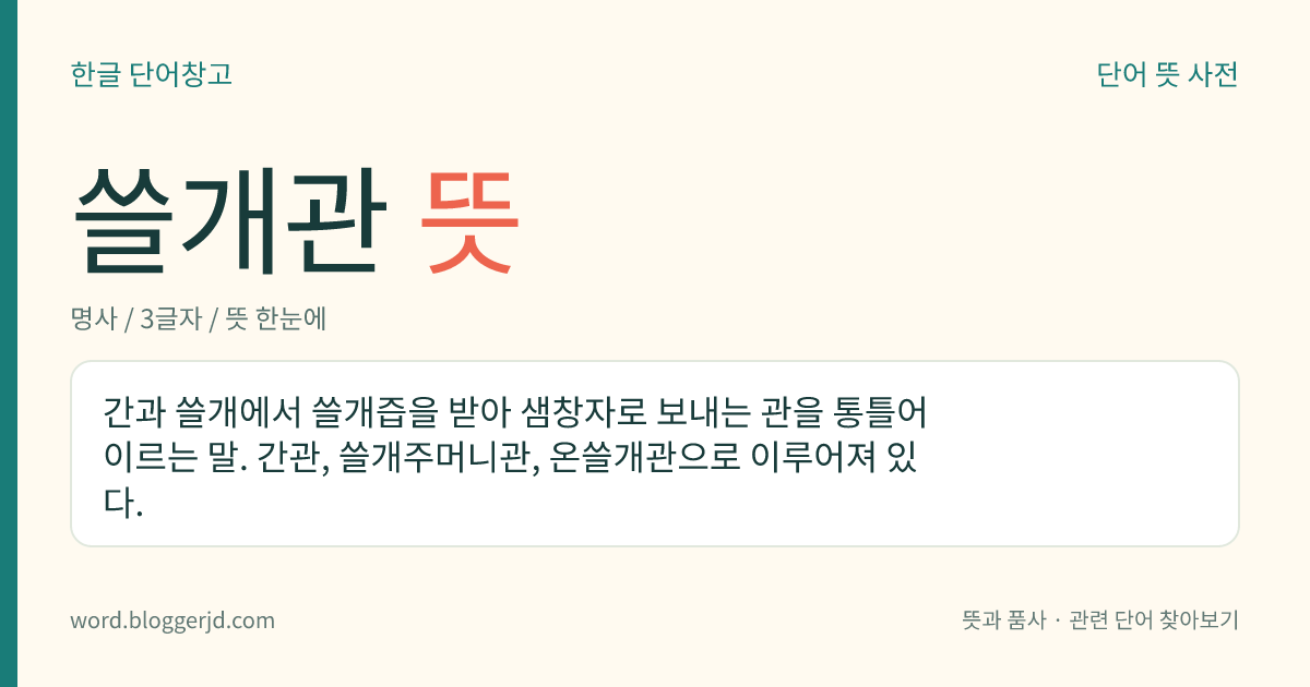 쓸개관 뜻: 간과 쓸개에서 쓸개즙을 받아 샘창자로 보내는 관을 통틀어 이르는 말. 간관, 쓸개주머니관, 온쓸개관으로 이루어져 있다.
