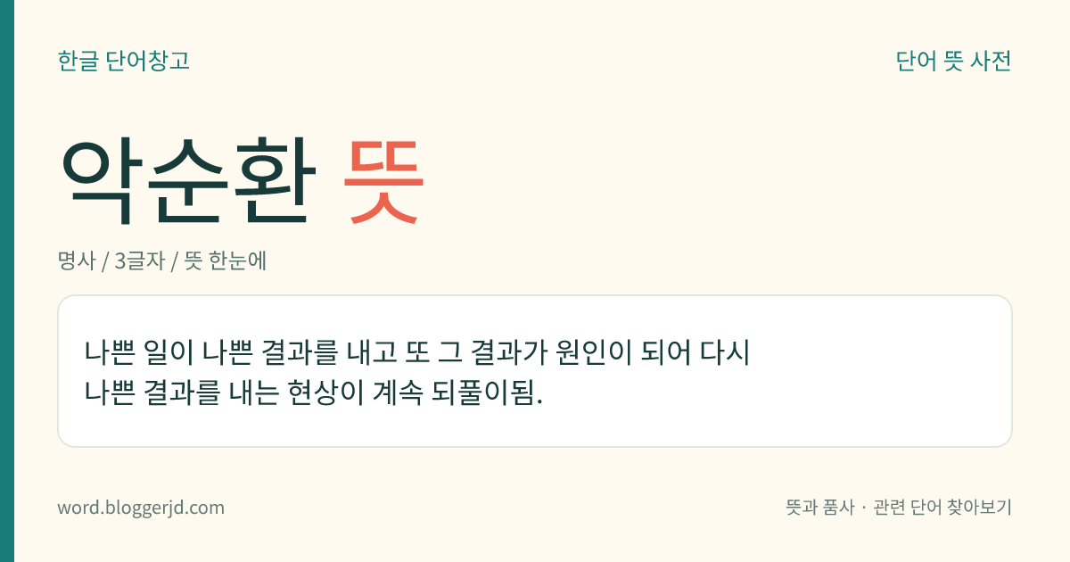 악순환 뜻: 나쁜 일이 나쁜 결과를 내고 또 그 결과가 원인이 되어 다시 나쁜 결과를 내는 현상이 계속 되풀이됨.