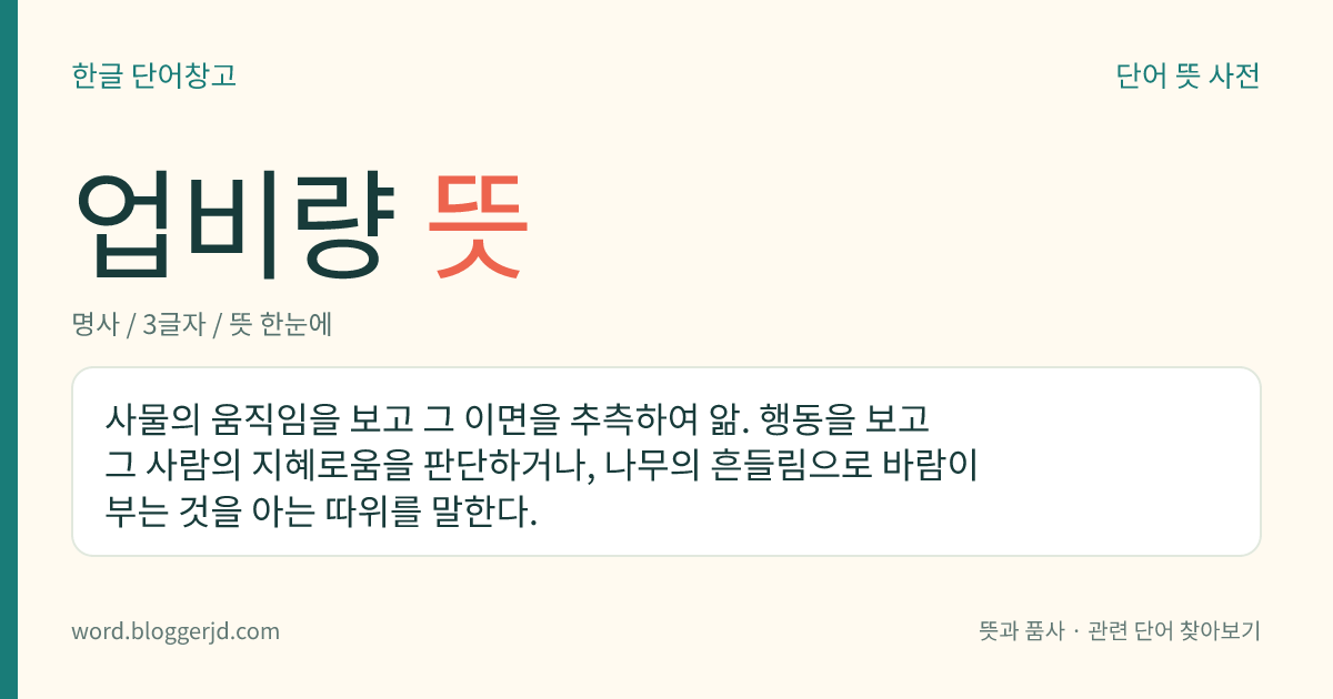 업비량 뜻: 사물의 움직임을 보고 그 이면을 추측하여 앎. 행동을 보고 그 사람의 지혜로움을 판단하거나, 나무의 흔들림으로 바람이 부는 것을 아는 따위를 말한다.