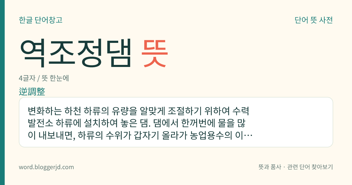 역조정댐 뜻: 변화하는 하천 하류의 유량을 알맞게 조절하기 위하여 수력 발전소 하류에 설치하여 놓은 댐. 댐에서 한꺼번에 물을 많이 내보내면, 하류의 수위가 갑자기 올라가 농업용수의 이용이나 목재의 수송·운반 따위에 악영향을 주므로 물을 서서히 방출하도록 만든다.