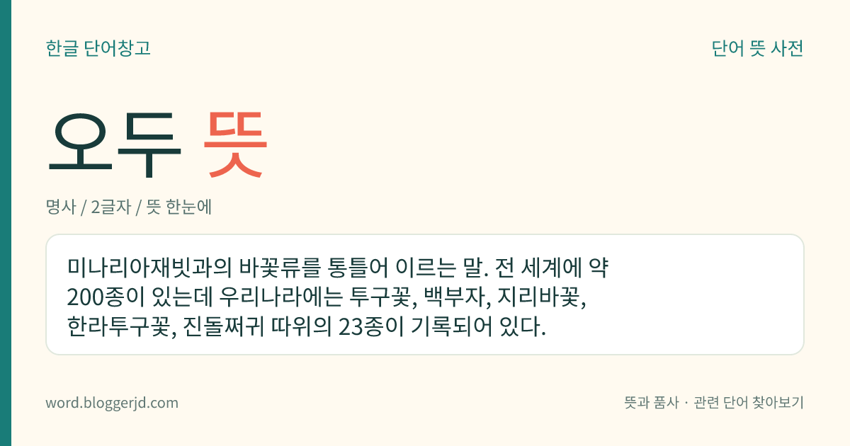 오두 뜻: 미나리아재빗과의 바꽃류를 통틀어 이르는 말. 전 세계에 약 200종이 있는데 우리나라에는 투구꽃, 백부자, 지리바꽃, 한라투구꽃, 진돌쩌귀 따위의 23종이 기록되어 있다.