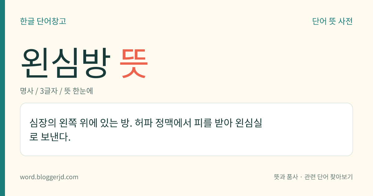 왼심방 뜻: 심장의 왼쪽 위에 있는 방. 허파 정맥에서 피를 받아 왼심실로 보낸다.