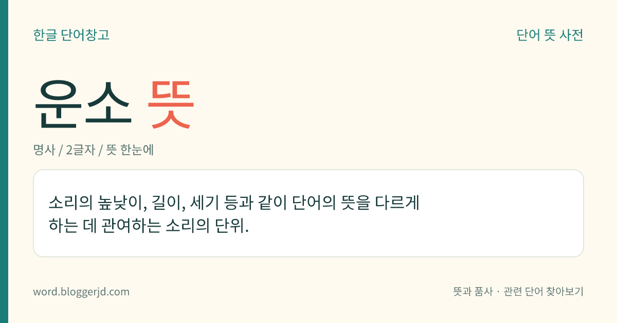 운소 뜻: 소리의 높낮이, 길이, 세기 등과 같이 단어의 뜻을 다르게 하는 데 관여하는 소리의 단위.