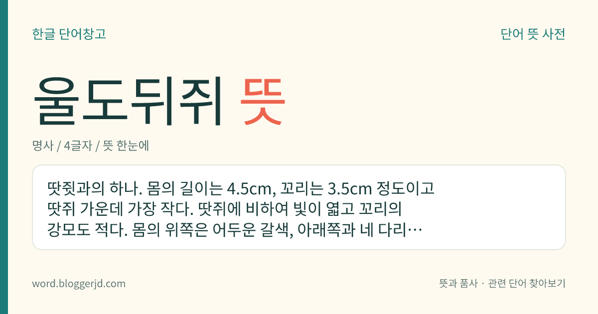 울도뒤쥐 뜻: 땃쥣과의 하나. 몸의 길이는 4.5cm, 꼬리는 3.5cm 정도이고 땃쥐 가운데 가장 작다. 땃쥐에 비하여 빛이 엷고 꼬리의 강모도 적다. 몸의 위쪽은 어두운 갈색, 아래쪽과 네 다리는 위쪽보다 엷은 색이다. 우리나라 특산 아종으로 울릉도에 분포한다.