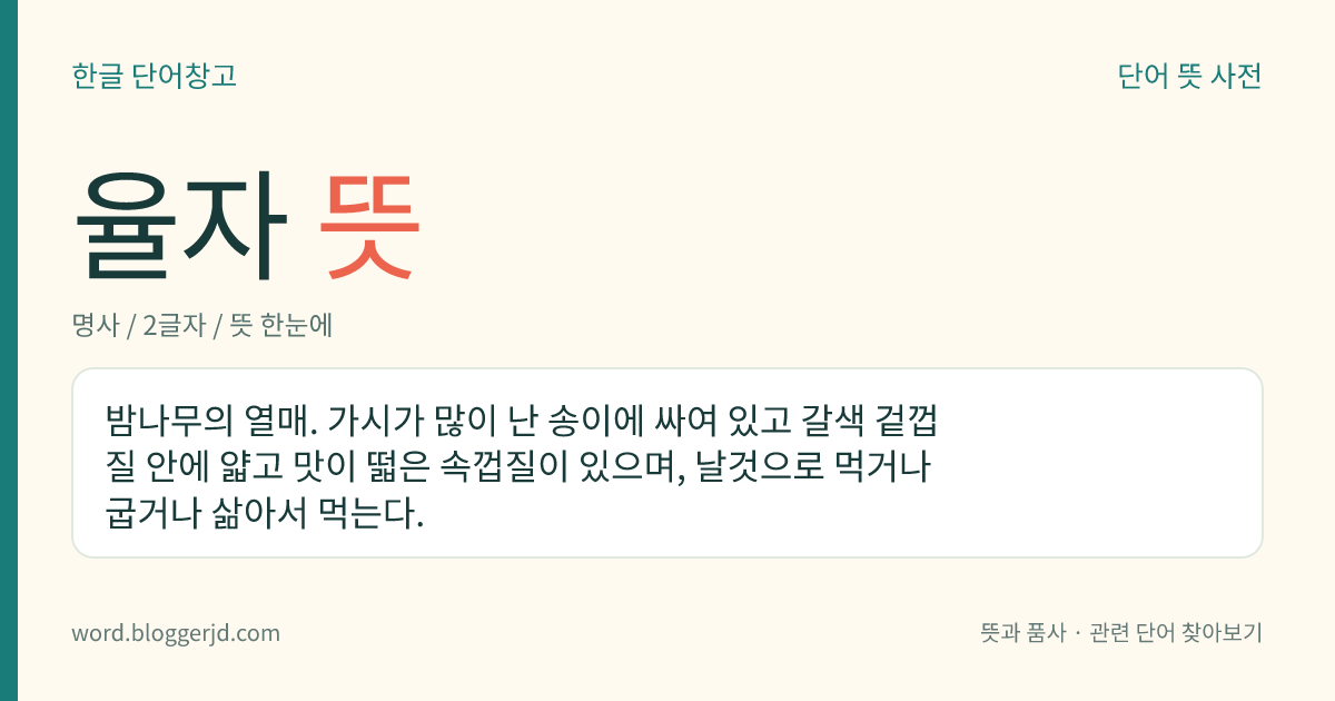 율자 뜻: 밤나무의 열매. 가시가 많이 난 송이에 싸여 있고 갈색 겉껍질 안에 얇고 맛이 떫은 속껍질이 있으며, 날것으로 먹거나 굽거나 삶아서 먹는다.