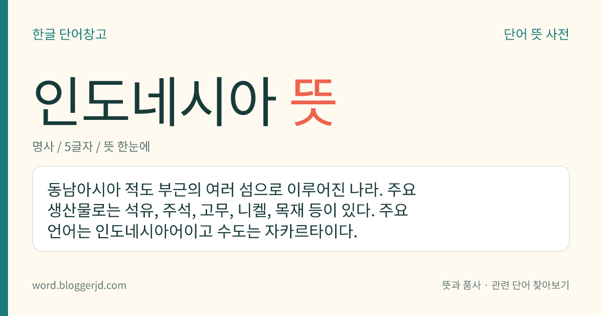 인도네시아 뜻: 동남아시아 적도 부근의 여러 섬으로 이루어진 나라. 주요 생산물로는 석유, 주석, 고무, 니켈, 목재 등이 있다. 주요 언어는 인도네시아어이고 수도는 자카르타이다.