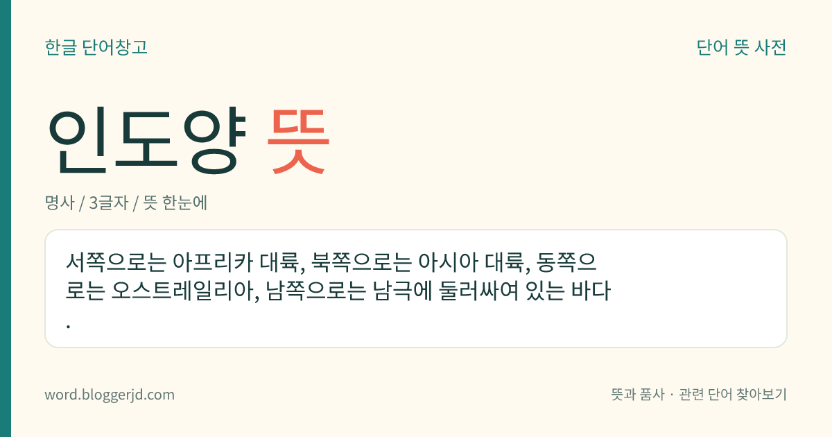 인도양 뜻: 서쪽으로는 아프리카 대륙, 북쪽으로는 아시아 대륙, 동쪽으로는 오스트레일리아, 남쪽으로는 남극에 둘러싸여 있는 바다.