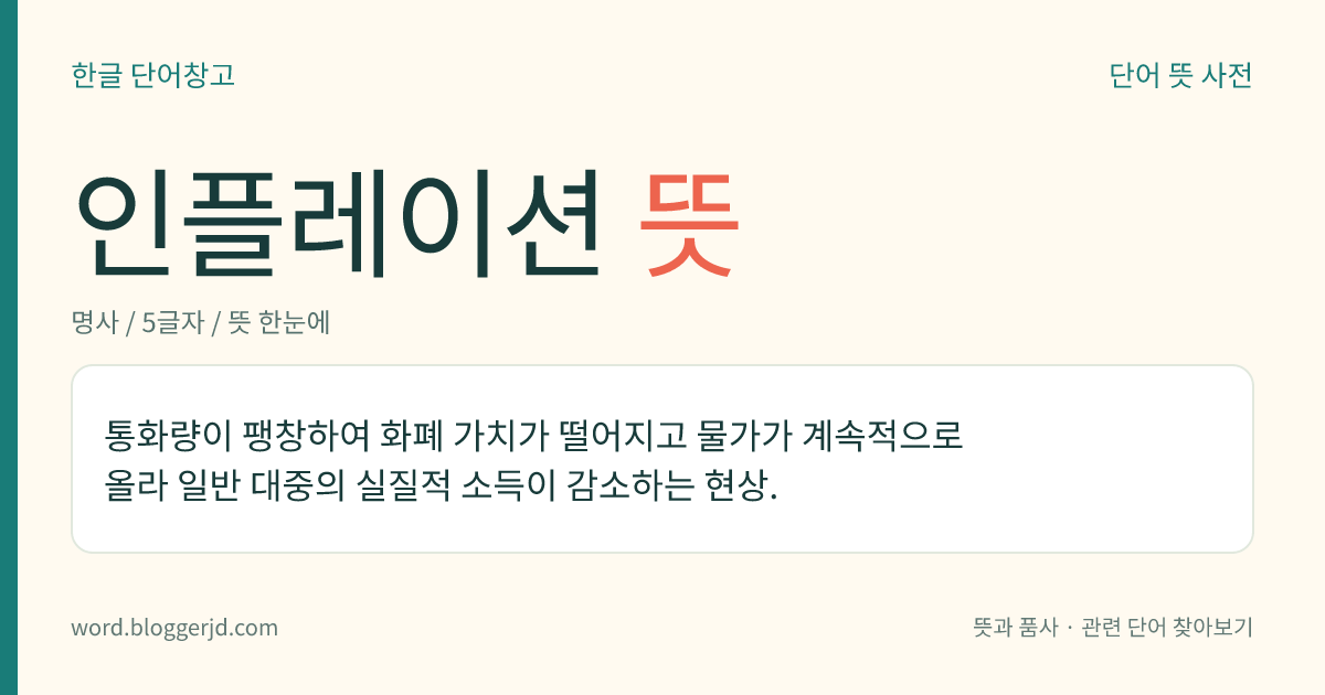 인플레이션 뜻: 나라 안에서 쓰이고 있는 돈의 양이 늘어나서 화폐 가치가 떨어지고 물가가 계속 올라 사람들의 실질적 소득이 줄어드는 현상.
