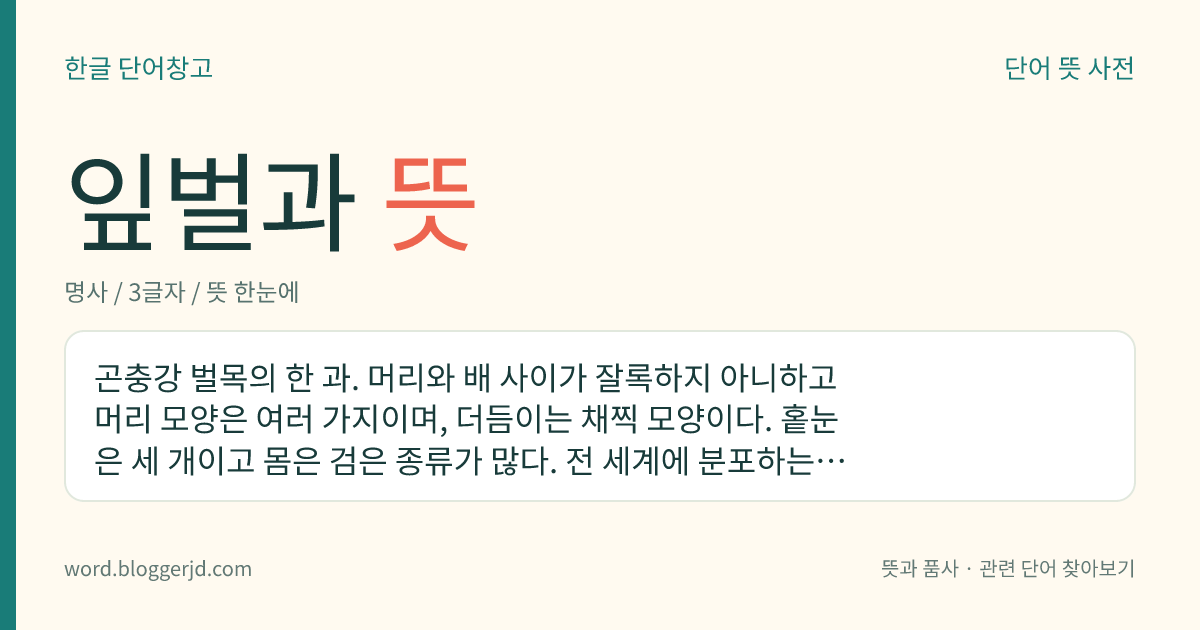 잎벌과 뜻: 곤충강 벌목의 한 과. 머리와 배 사이가 잘록하지 아니하고 머리 모양은 여러 가지이며, 더듬이는 채찍 모양이다. 홑눈은 세 개이고 몸은 검은 종류가 많다. 전 세계에 분포하는데 노랑가슴잎벌, 복숭아잎벌, 참나무잎벌 따위가 있다.