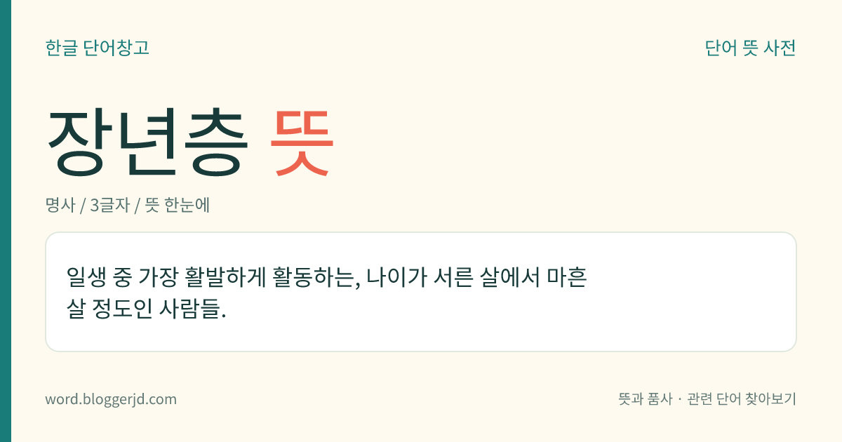 장년층 뜻: 일생 중 가장 활발하게 활동하는, 나이가 서른 살에서 마흔 살 정도인 사람들.