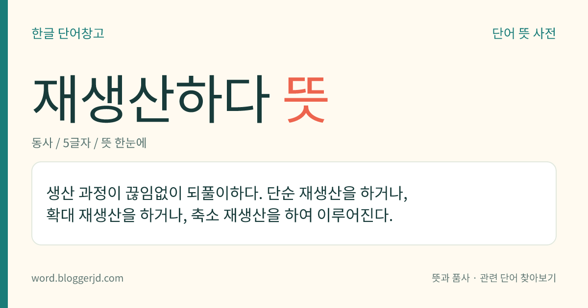 재생산하다 뜻: 생산 과정이 끊임없이 되풀이하다. 단순 재생산을 하거나, 확대 재생산을 하거나, 축소 재생산을 하여 이루어진다.