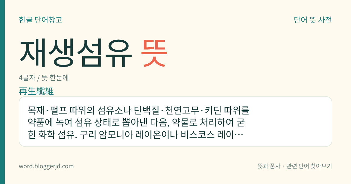재생섬유 뜻: 목재·펄프 따위의 섬유소나 단백질·천연고무·키틴 따위를 약품에 녹여 섬유 상태로 뽑아낸 다음, 약물로 처리하여 굳힌 화학 섬유. 구리 암모니아 레이온이나 비스코스 레이온 따위가 있다.