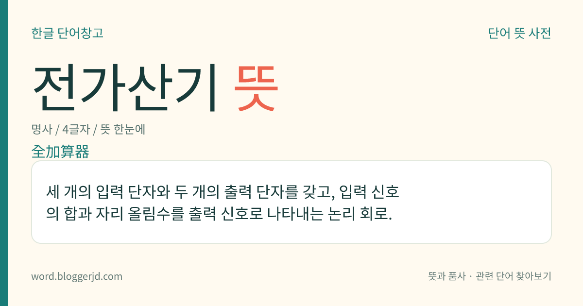 전가산기 뜻: 세 개의 입력 단자와 두 개의 출력 단자를 갖고, 입력 신호의 합과 자리 올림수를 출력 신호로 나타내는 논리 회로.