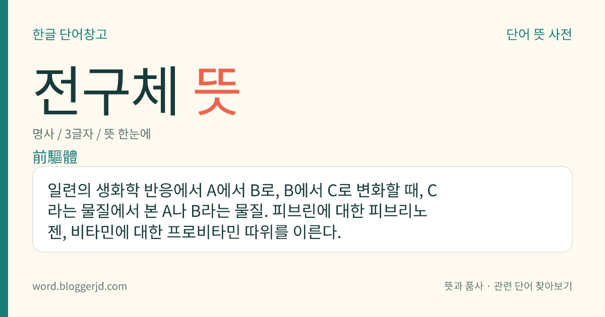 전구체 뜻: 일련의 생화학 반응에서 A에서 B로, B에서 C로 변화할 때, C라는 물질에서 본 A나 B라는 물질. 피브린에 대한 피브리노젠, 비타민에 대한 프로비타민 따위를 이른다.