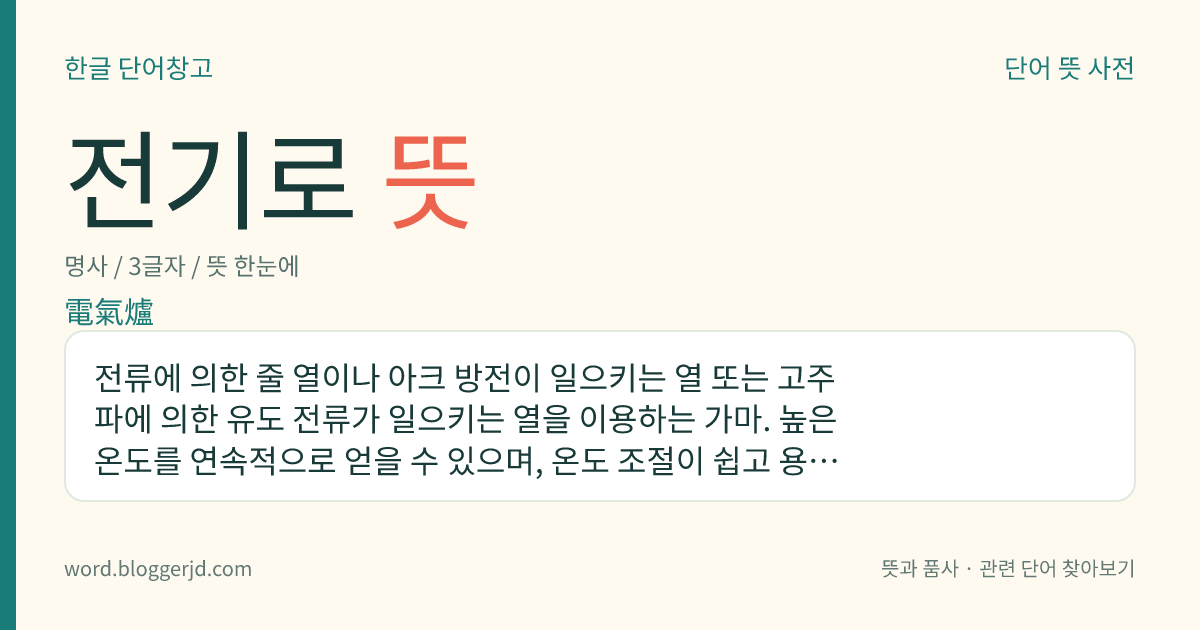 전기로 뜻: 전류에 의한 줄 열이나 아크 방전이 일으키는 열 또는 고주파에 의한 유도 전류가 일으키는 열을 이용하는 가마. 높은 온도를 연속적으로 얻을 수 있으며, 온도 조절이 쉽고 용해 손실이 적은 것이 특징이다.