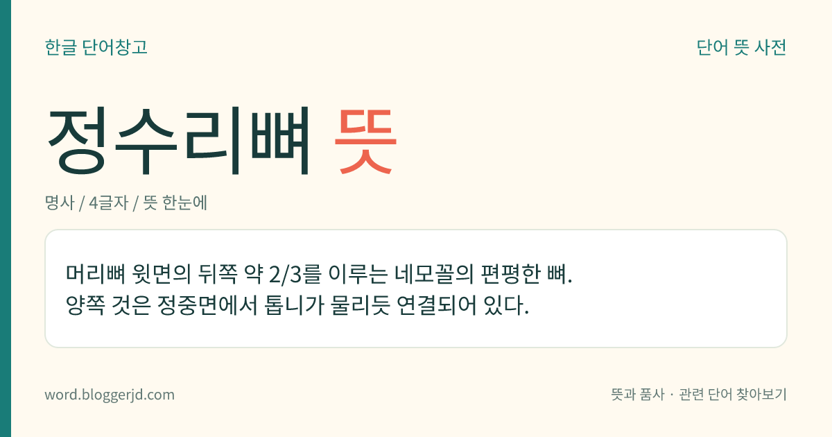 정수리뼈 뜻: 머리뼈 윗면의 뒤쪽 약 2/3를 이루는 네모꼴의 편평한 뼈. 양쪽 것은 정중면에서 톱니가 물리듯 연결되어 있다.