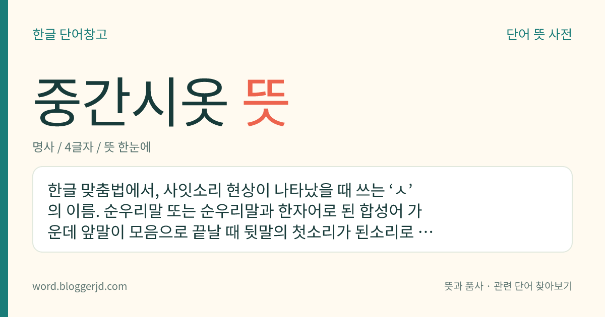 중간시옷 뜻: 한글 맞춤법에서, 사잇소리 현상이 나타났을 때 쓰는 ‘ㅅ’의 이름. 순우리말 또는 순우리말과 한자어로 된 합성어 가운데 앞말이 모음으로 끝날 때 뒷말의 첫소리가 된소리로 나거나, 뒷말의 첫소리 ‘ㄴ’, ‘ㅁ’ 앞에서 ‘ㄴ’ 소리가 덧나거나, 뒷말의 첫소리 모음 앞에서 ‘ㄴㄴ’ 소리가 덧나는 것 따위에 받치어 적는다. ‘아랫방’, ‘아랫니’, ‘나뭇잎’ 따위가 있다.