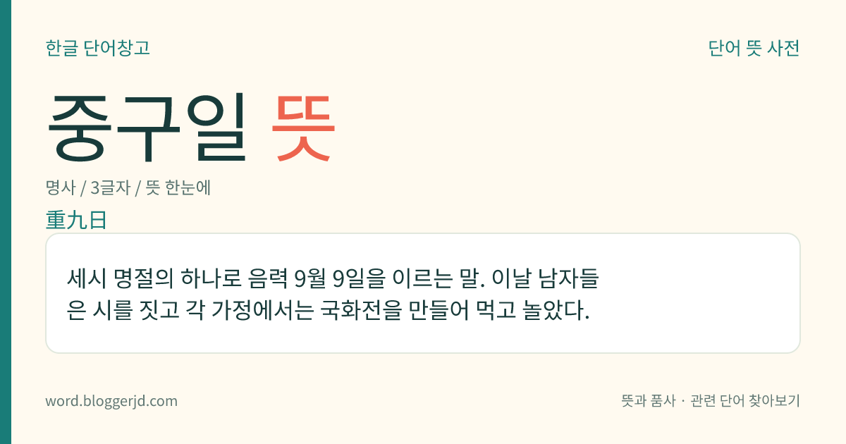 중구일 뜻: 세시 명절의 하나로 음력 9월 9일을 이르는 말. 이날 남자들은 시를 짓고 각 가정에서는 국화전을 만들어 먹고 놀았다.
