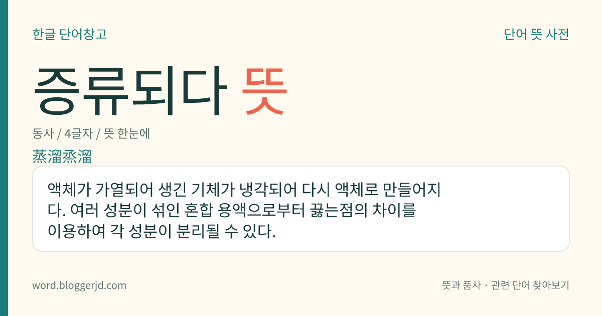 증류되다 뜻: 액체가 가열되어 생긴 기체가 냉각되어 다시 액체로 만들어지다. 여러 성분이 섞인 혼합 용액으로부터 끓는점의 차이를 이용하여 각 성분이 분리될 수 있다.