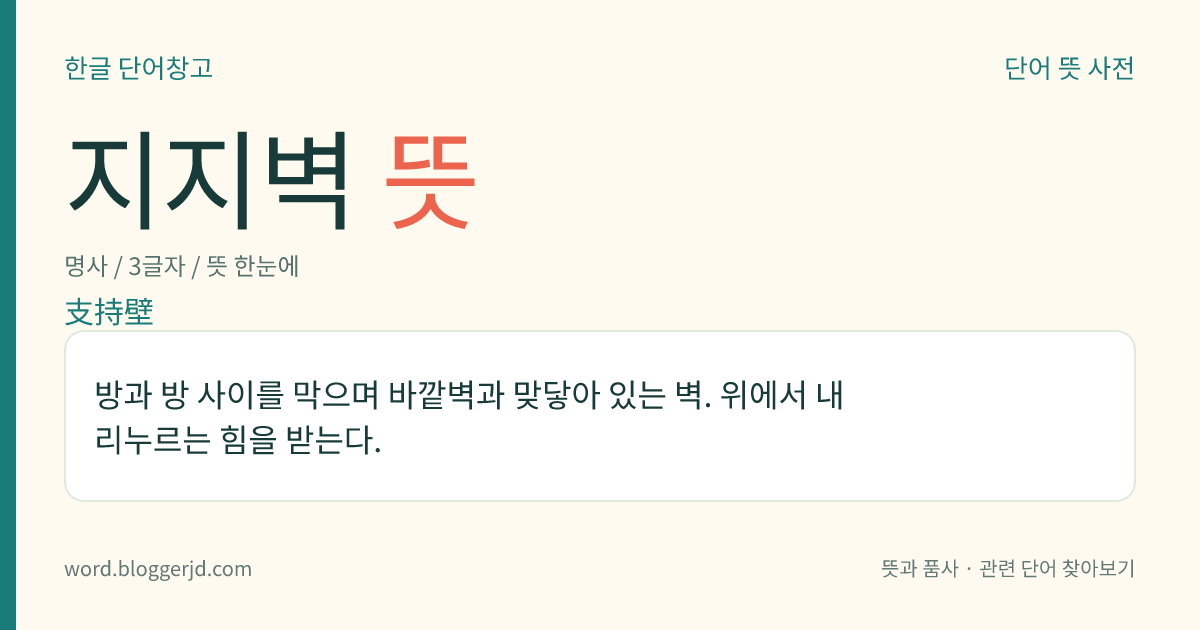 지지벽 뜻: 방과 방 사이를 막으며 바깥벽과 맞닿아 있는 벽. 위에서 내리누르는 힘을 받는다.