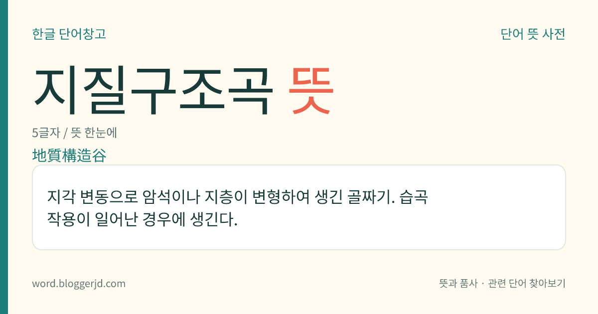 지질구조곡 뜻: 지각 변동으로 암석이나 지층이 변형하여 생긴 골짜기. 습곡 작용이 일어난 경우에 생긴다.