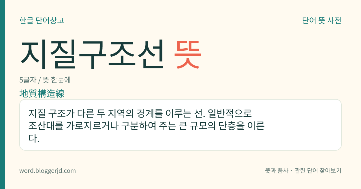 지질구조선 뜻: 지질 구조가 다른 두 지역의 경계를 이루는 선. 일반적으로 조산대를 가로지르거나 구분하여 주는 큰 규모의 단층을 이른다.