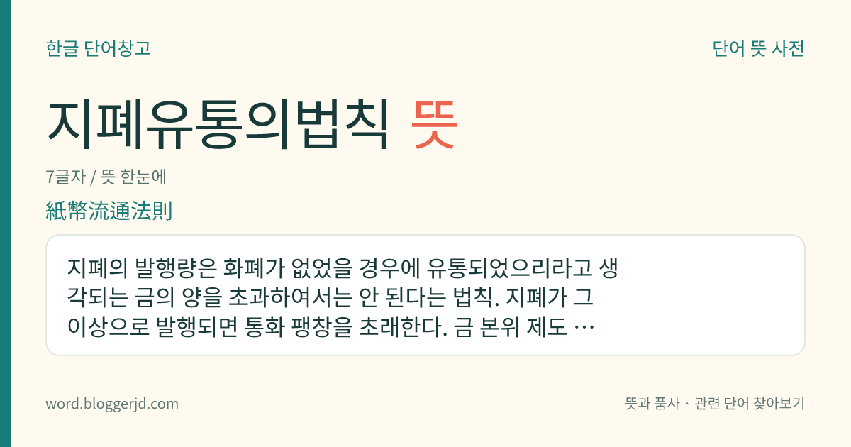 지폐유통의법칙 뜻: 지폐의 발행량은 화폐가 없었을 경우에 유통되었으리라고 생각되는 금의 양을 초과하여서는 안 된다는 법칙. 지폐가 그 이상으로 발행되면 통화 팽창을 초래한다. 금 본위 제도 또는 그와 유사한 제도가 통용되던 시대의 법칙이다.