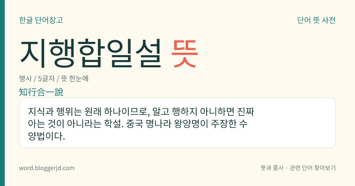 지행합일설 뜻: 지식과 행위는 원래 하나이므로, 알고 행하지 아니하면 진짜 아는 것이 아니라는 학설. 중국 명나라 왕양명이 주장한 수양법이다.
