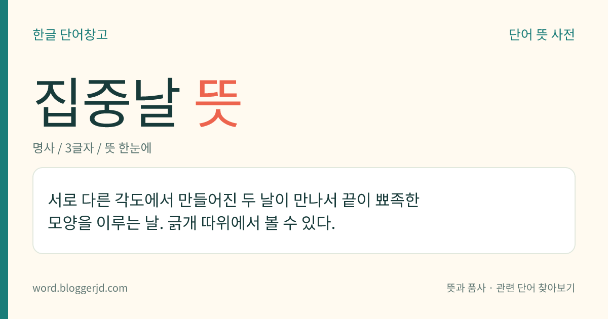 집중날 뜻: 서로 다른 각도에서 만들어진 두 날이 만나서 끝이 뾰족한 모양을 이루는 날. 긁개 따위에서 볼 수 있다.