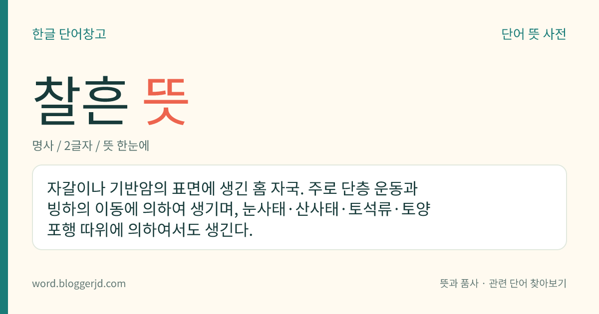 찰흔 뜻: 자갈이나 기반암의 표면에 생긴 홈 자국. 주로 단층 운동과 빙하의 이동에 의하여 생기며, 눈사태·산사태·토석류·토양 포행 따위에 의하여서도 생긴다.