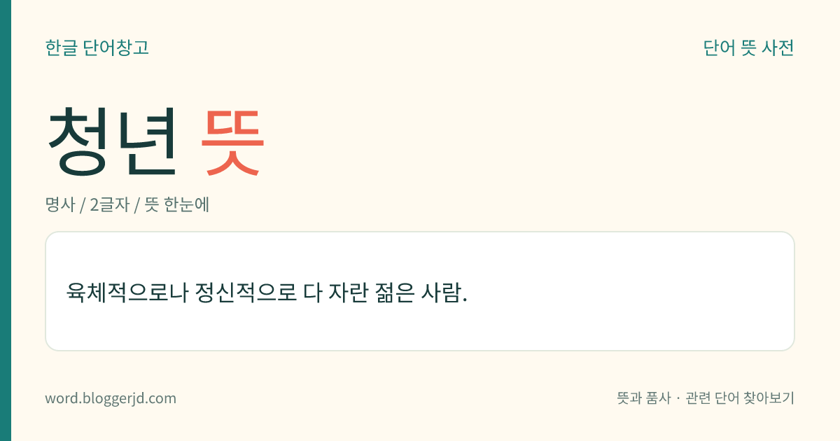 청년 뜻: 육체적으로나 정신적으로 다 자란 젊은 사람.