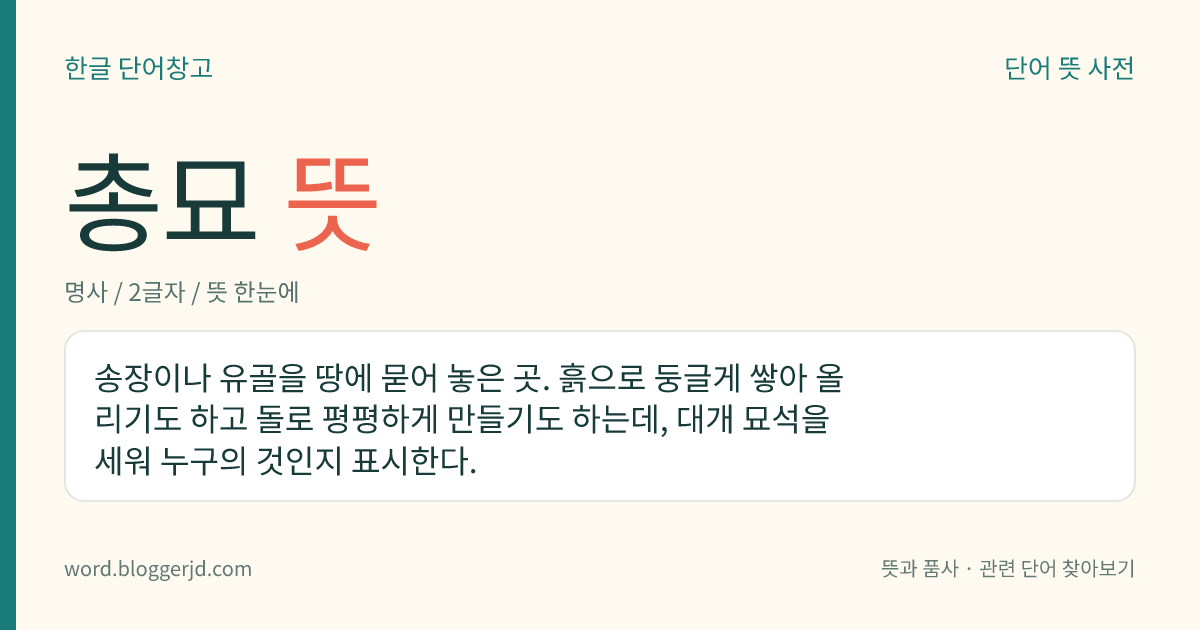총묘 뜻: 송장이나 유골을 땅에 묻어 놓은 곳. 흙으로 둥글게 쌓아 올리기도 하고 돌로 평평하게 만들기도 하는데, 대개 묘석을 세워 누구의 것인지 표시한다.
