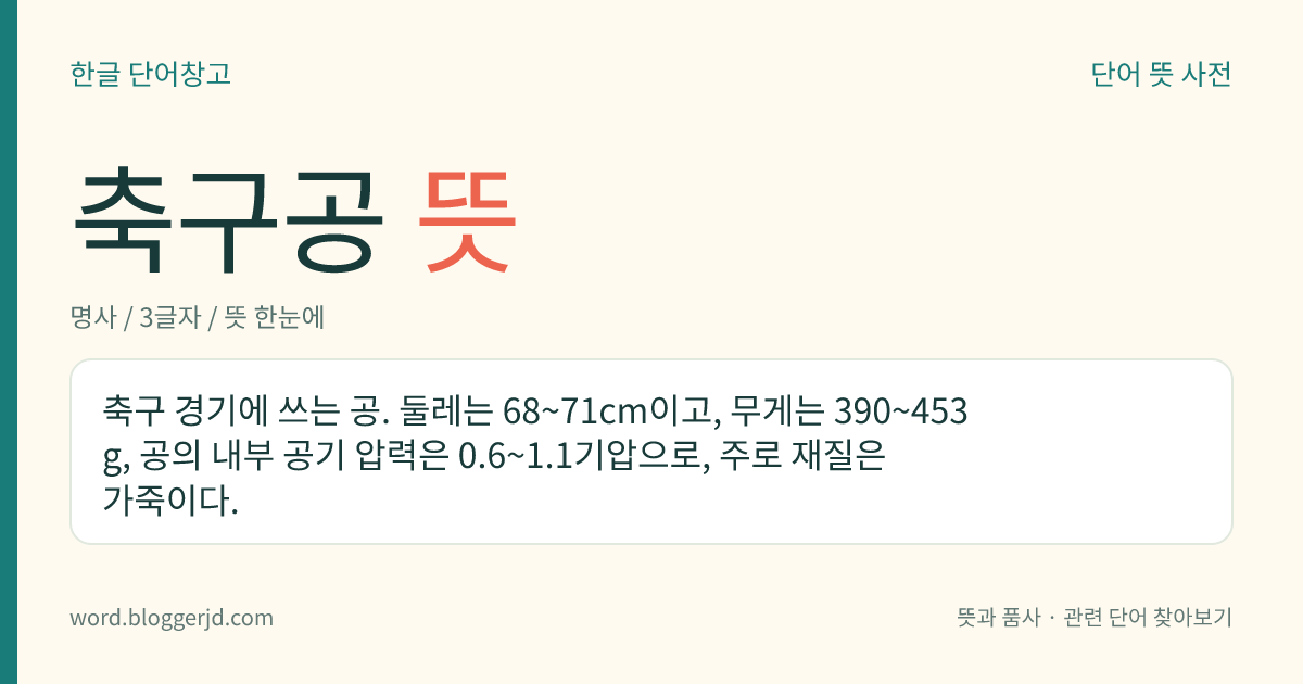 축구공 뜻: 축구 경기에 쓰는 공. 둘레는 68~71cm이고, 무게는 390~453g, 공의 내부 공기 압력은 0.6~1.1기압으로, 주로 재질은 가죽이다.