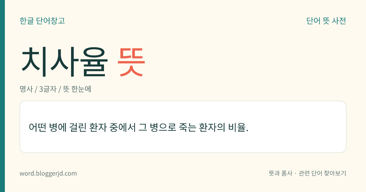 치사율 뜻: 어떤 병에 걸린 환자 중에서 그 병으로 죽는 환자의 비율.