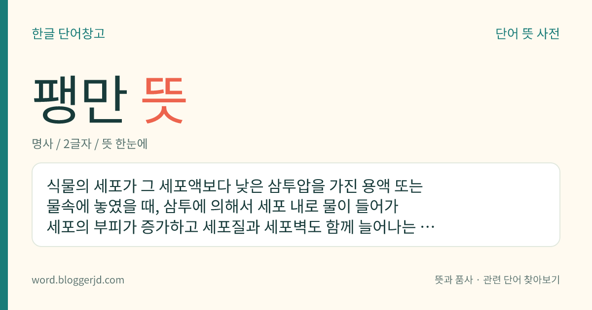 팽만 뜻: 식물의 세포가 그 세포액보다 낮은 삼투압을 가진 용액 또는 물속에 놓였을 때, 삼투에 의해서 세포 내로 물이 들어가 세포의 부피가 증가하고 세포질과 세포벽도 함께 늘어나는 상태.