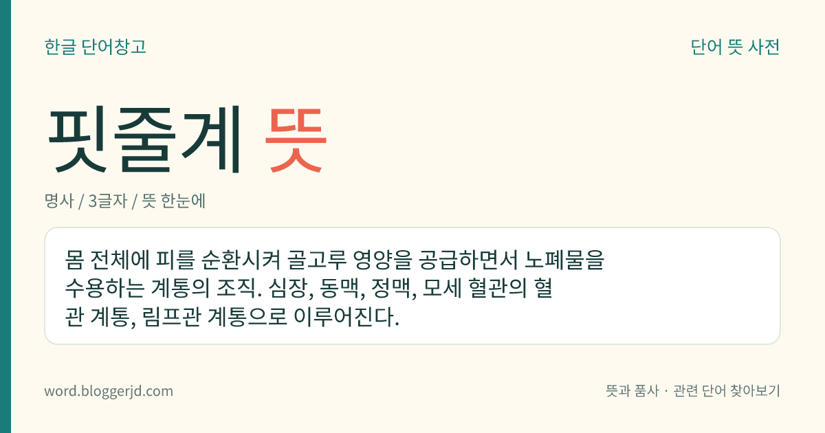 핏줄계 뜻: 몸 전체에 피를 순환시켜 골고루 영양을 공급하면서 노폐물을 수용하는 계통의 조직. 심장, 동맥, 정맥, 모세 혈관의 혈관 계통, 림프관 계통으로 이루어진다.