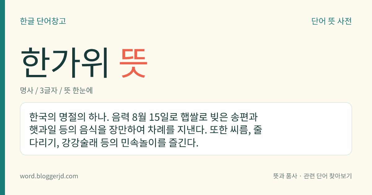 한가위 뜻: 한국의 명절의 하나. 음력 8월 15일로 햅쌀로 빚은 송편과 햇과일 등의 음식을 장만하여 차례를 지낸다. 또한 씨름, 줄다리기, 강강술래 등의 민속놀이를 즐긴다.